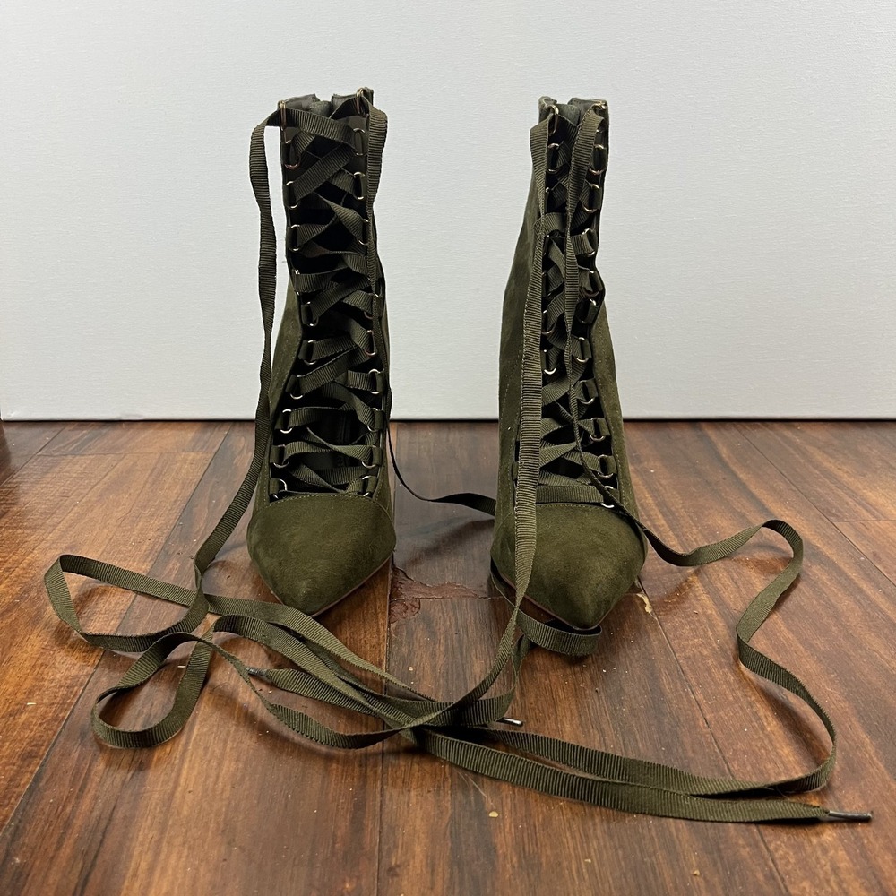 Lola Shoetique Size 6 Olive Green Suede Ribbon Lace Up Stiletto Heel Ankle Boots